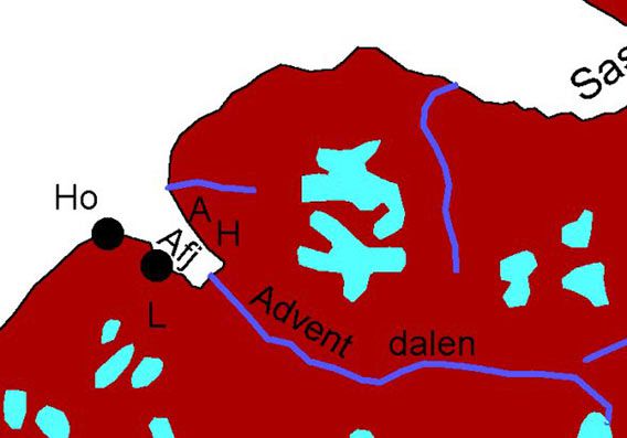 Ho = Hotellneset (Airport, camping site), Afj = Adventfjord, L = Longyearbyen, H = Hjorthamn/Moskushamn, A = Advent City