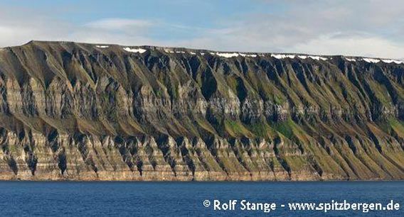 Fuglefjellet between Bjørndalen and Grumantbyen with horizontal sedimentary layers which are dissected by erosion, thus forming protruding towers