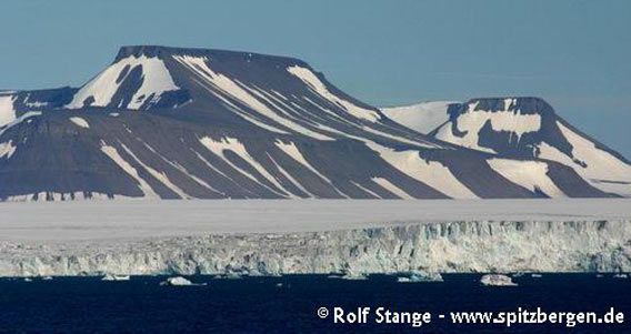 Plateau-shaped mountains composed of nearly horizontal sediment layers east of the Hornsund.