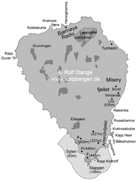 Bjørnøya; Insel; Karte; englisch; (zum Buch Spitzbergen-Svalbard; Rolf Stange)