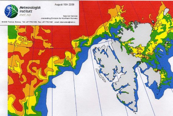 Norwegian ice chart as of 10 August 2009 (© Norwegian Meteorological Institute)