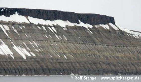 Near-horizontal layers of sediments (Permian carbonates) in the entrance area of Wahlenbergfjord (Nordaustland), dolerite on top (dark, vertical cliff)