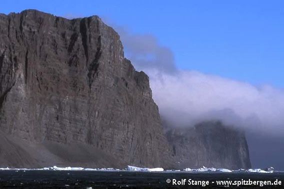 Basalt cliffs at the Blosseville Coast (outer coast south of Scoresbysund) near Nansen Fjord