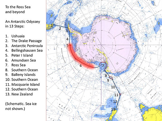 Map of trip log: Peter I Island and the Amundsen Sea