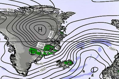 Spitsbergen weather - High pressure over Greenland and Spitsbergen.