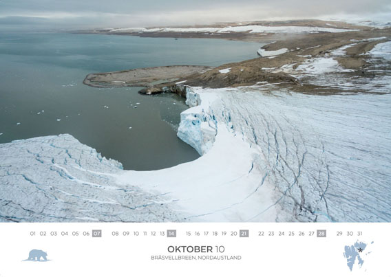 Spitzbergen-Kalender 2018: Oktober. Der Bråsvellbreen aus der Vogelperspektive.