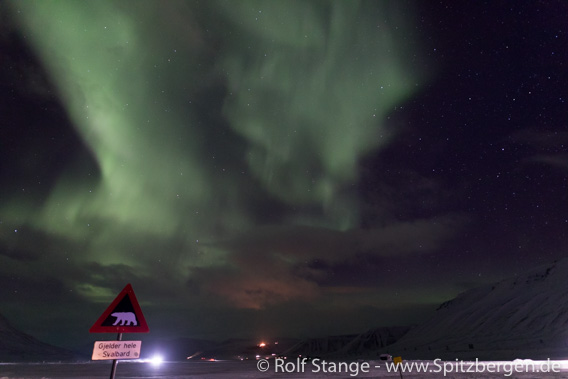 Northern light and polar bear warning sign