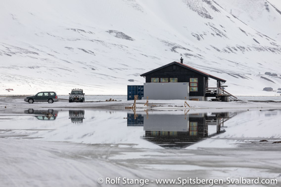 Snow melting at Longyearbyen Camping, mid April