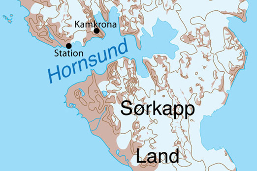 Map of Hornsund showing the research station and the mountain Kamkrona