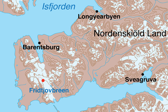 Avalanche accident at Fridtjovbreen, February 2020: map