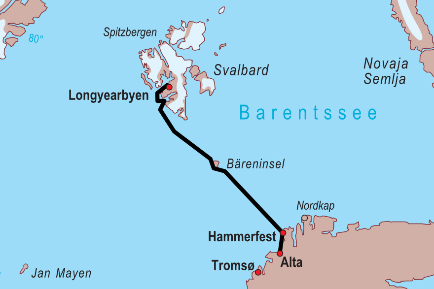 SV Meander 2022: Karte Überfahrt Barentssee, Bäreninsel
