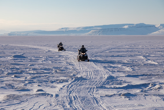 Snow mobiles on fjord ice